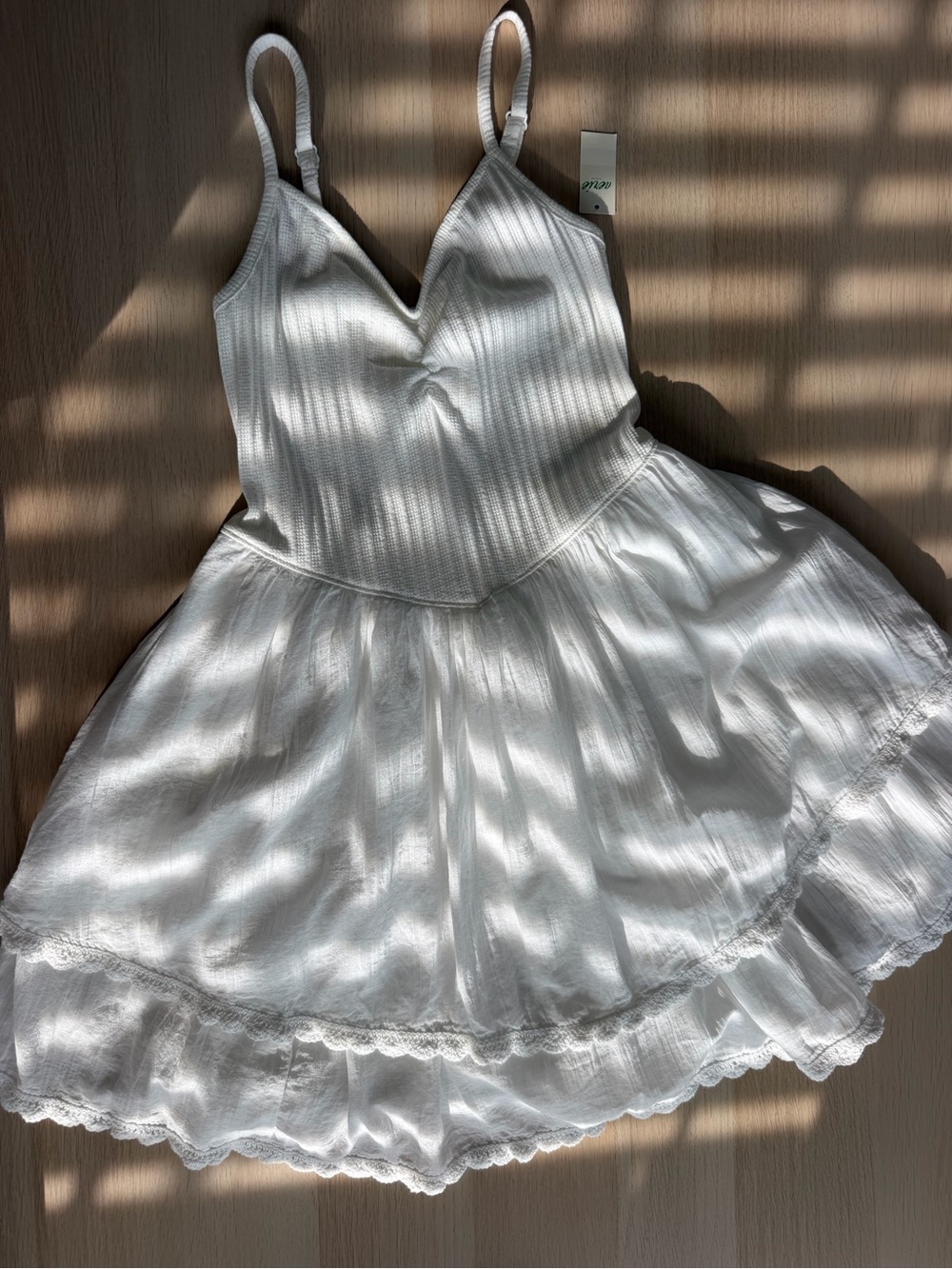 NWT Aerie White Tiered Mini Dress Sz M Ribbed Knit Crochet Trim Boho Sundress